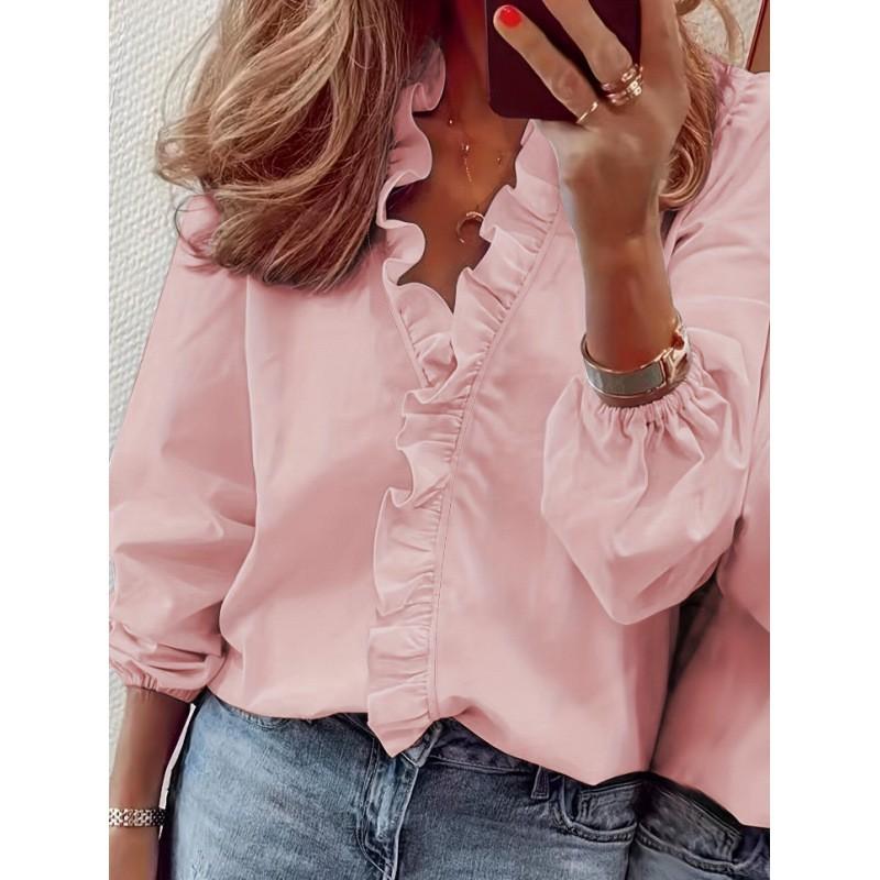 Womens Long Sleeve Blouse With Ruffled Hem Solid Color Office Chic Top 2026