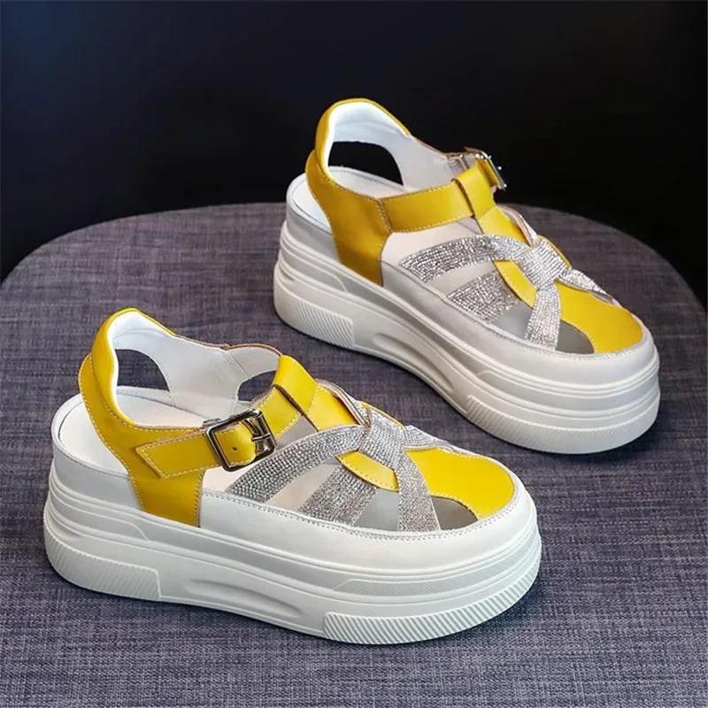 Fashion 8cm Genuine Leather Women Platform Sandals Wedge Slippers Buckle Strap High Heel Women Summer Shoes Sneakers Zapatos Mujer