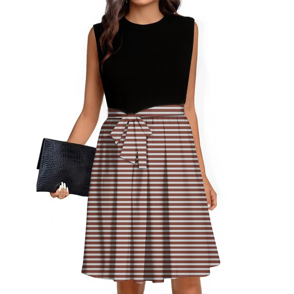 Women's Fashion Striped Printed Casual Lace-up Sleeveless Round Neck Splicing Short Dress