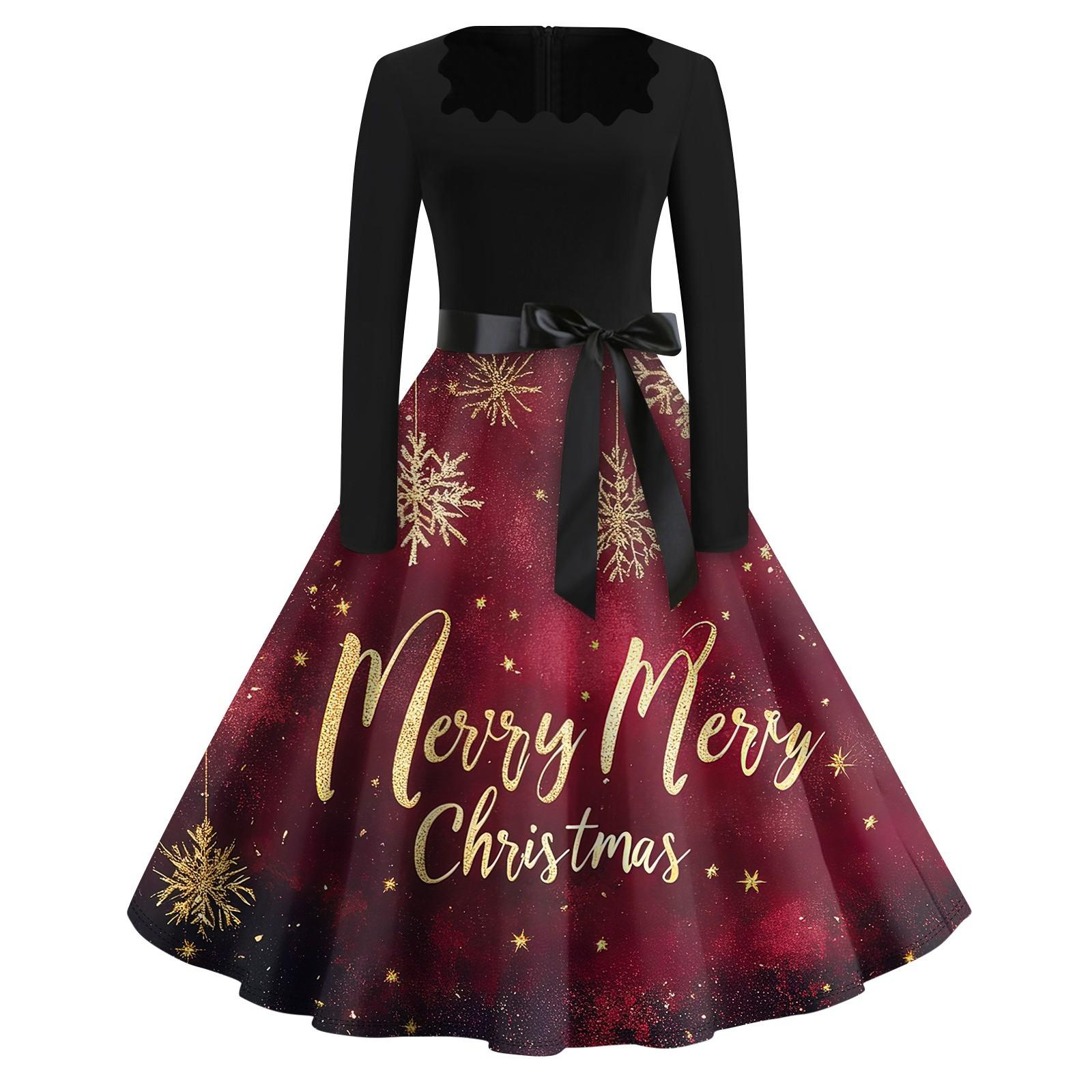 

Рождественский принт расклешенное платье для женщин платье с длинным рукавом ажурное вечернее повседневное платье с квадратным воротником XL красный