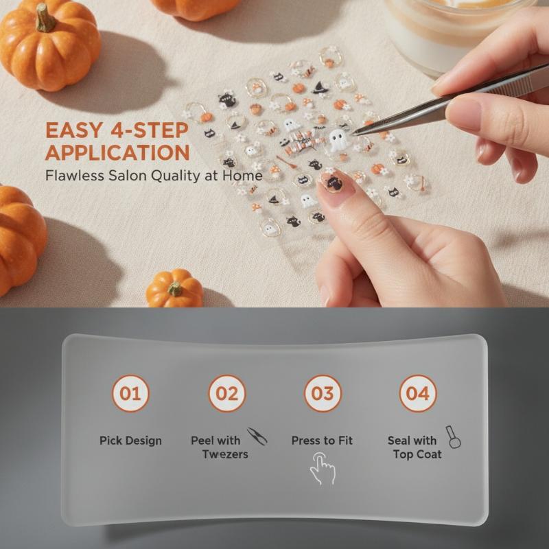5D Embossed Halloween Nail Stickers Self Adhesive Nail Decals With Ghost Pumpkin Cat Mushroom Patterns Gold Trim Manicure Slider