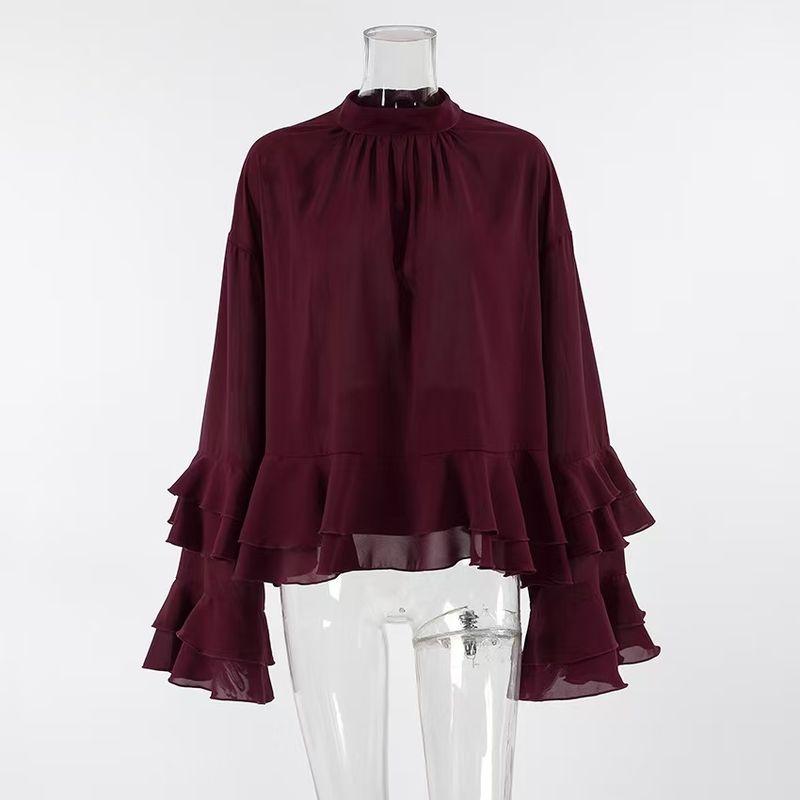 

Европейская и американская шифоновая рубашка с воротником-стойкой, оборками и рукавами-колокольчиками, шифоновая рубашка с расклешенными рукавами Brown L