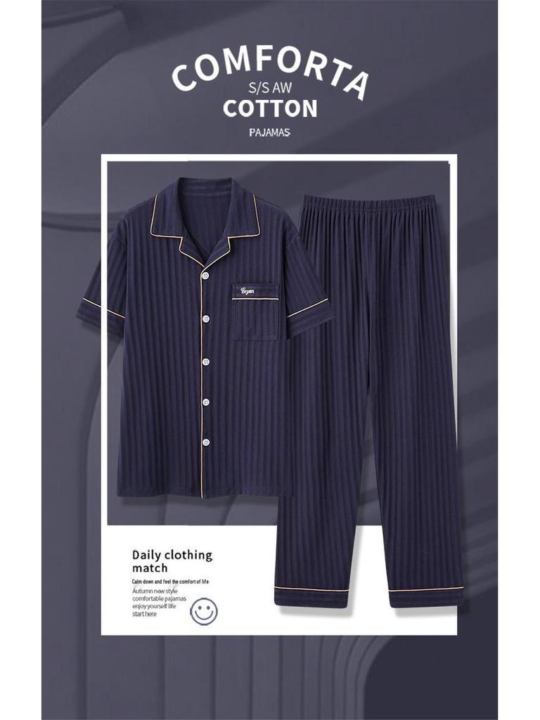 Herren Sommer Baumwollpyjama-Set: Kurzärmeliges Oberteil & Lange Hose, Leichtgewicht, Draußen tragbar, Einfache Übergrößen-Homewear