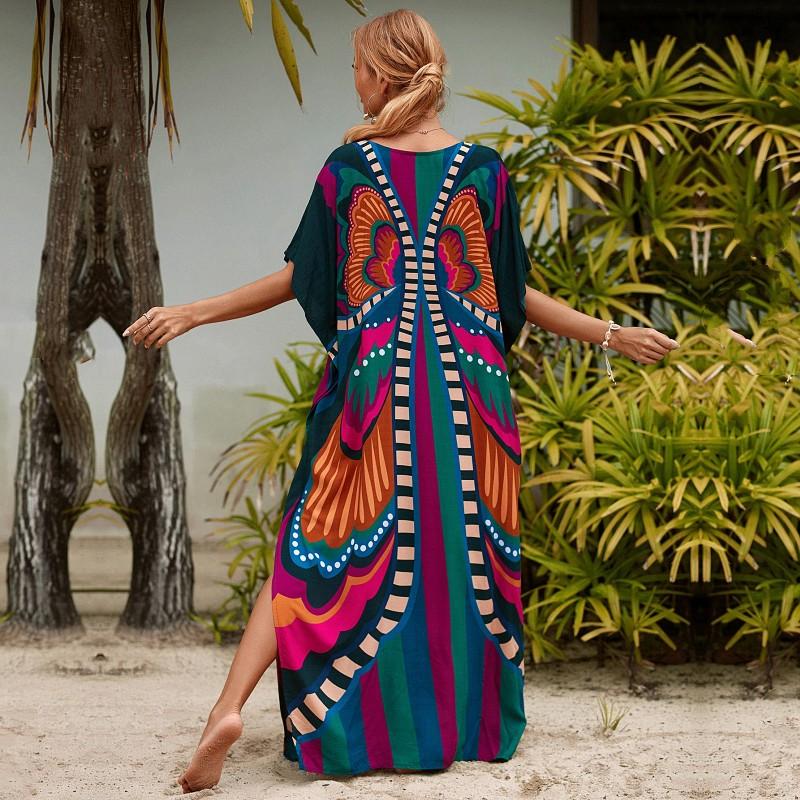 EDOLYNSA Multicolored Kaftan Bohemian Printed V-neck Batwing Sleeve Maxi Dress Women Beachwear Half Sleeve Maxi Dress Robe Q1342