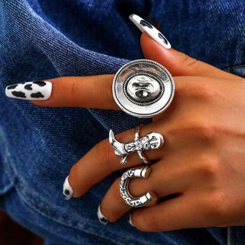 

3-piece retro ethnic style multi piece stacked denim hat, Martin boots, horse hooves, exaggerated personality alloy ring set