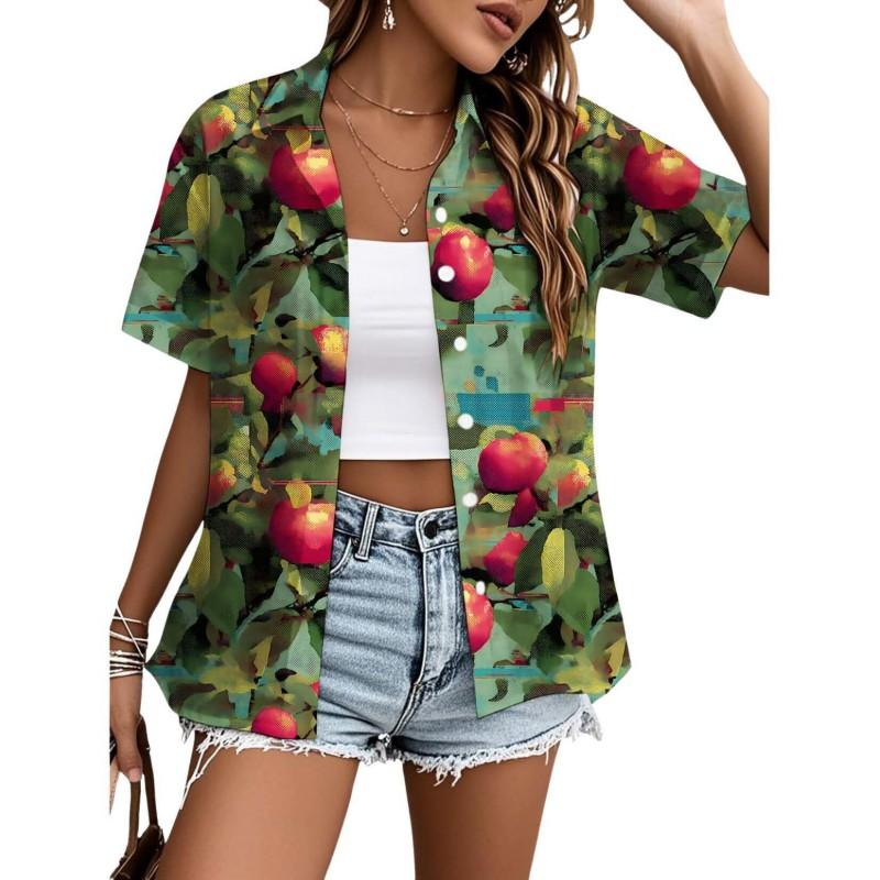 Womens Loose Fit Short Sleeve Printed Shirt Casual Vacation Style Collared Open Front Top