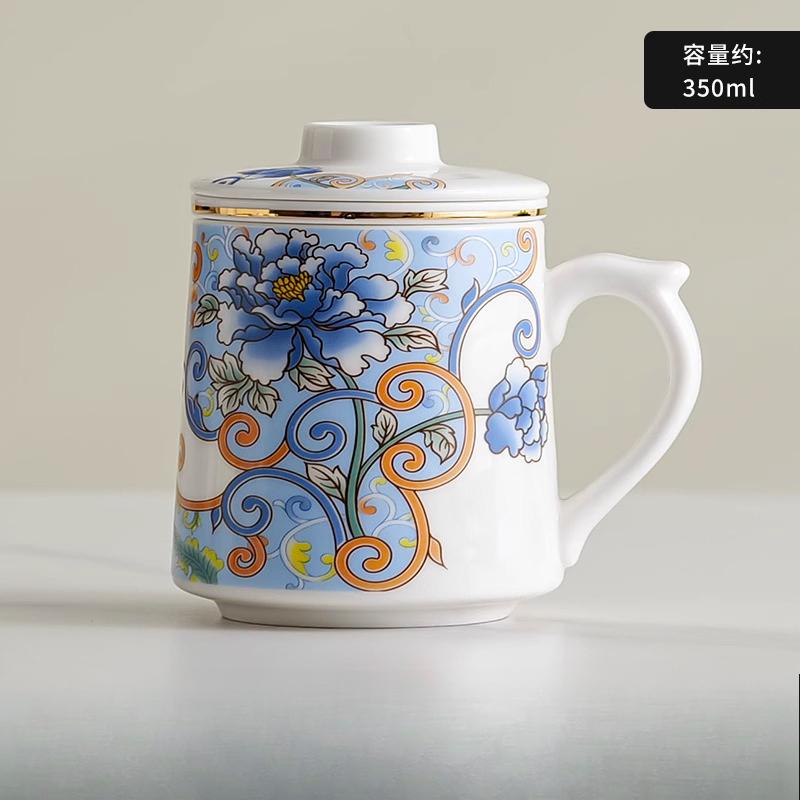Chinese Style Pattern Tea Filtering and Separation Cup, With Cover White Porcelain Personal Mug, Home Drinkware Ceramic Cup, 1Pc