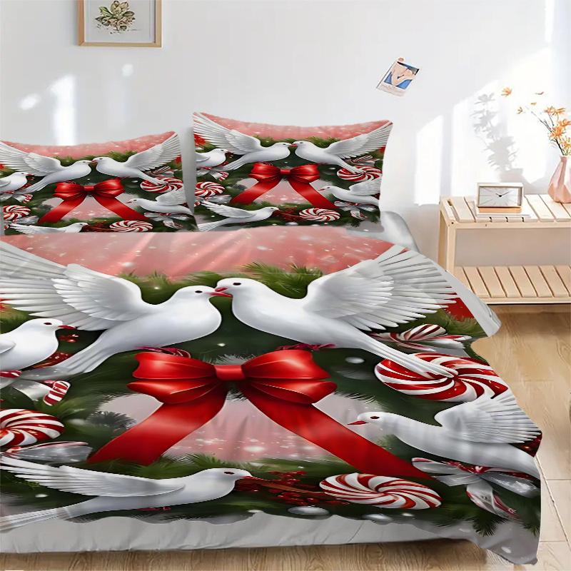 3pcs Christmas Holiday Wreath with Doves and Candy Canes, Festive Decoration Set Including One Quilt Cover and Two Pillowcases (No Core)