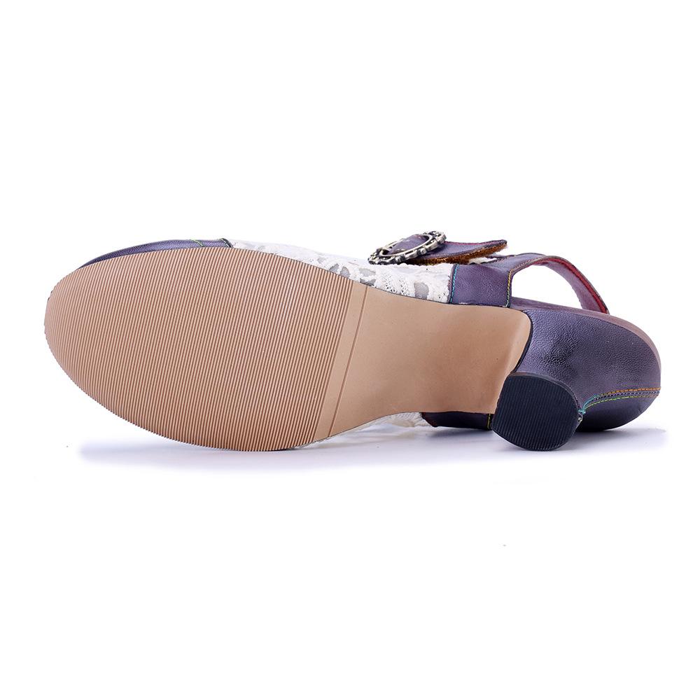 Johnature Women's Shoes Genuine Leather Retro Splicing Lace Comfortable Middle Heel Sandals
