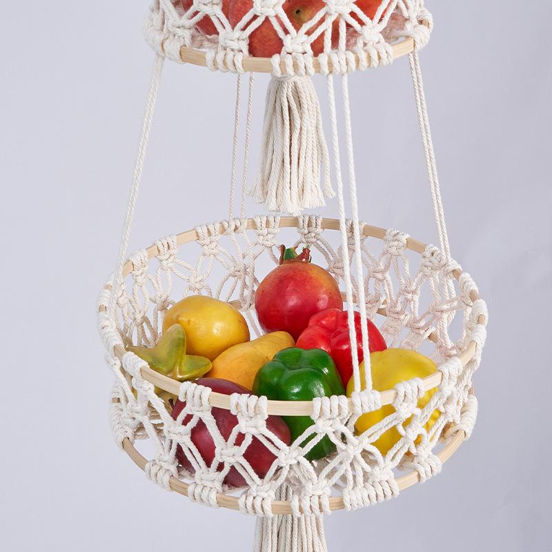 Hand-Woven Cotton Rope Mesh Basket for Kitchen, Fruit, Flowers, Vegetables, and Bohemian Décor.
