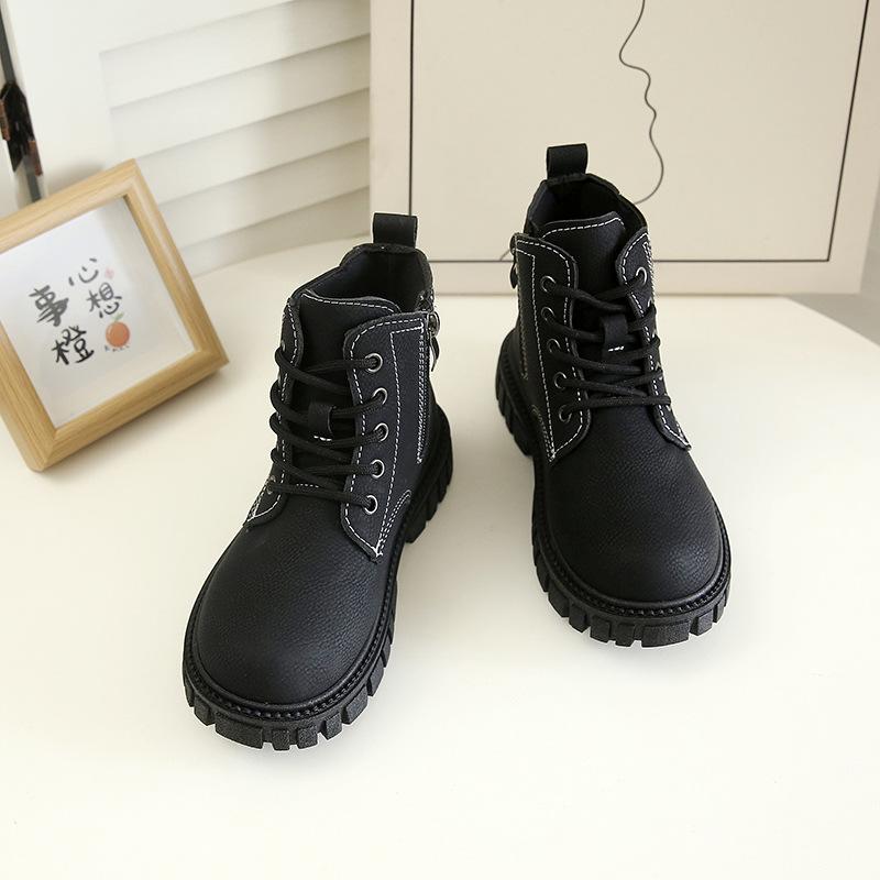 Kids Brown Lace Up Side Zipper Martin Boots