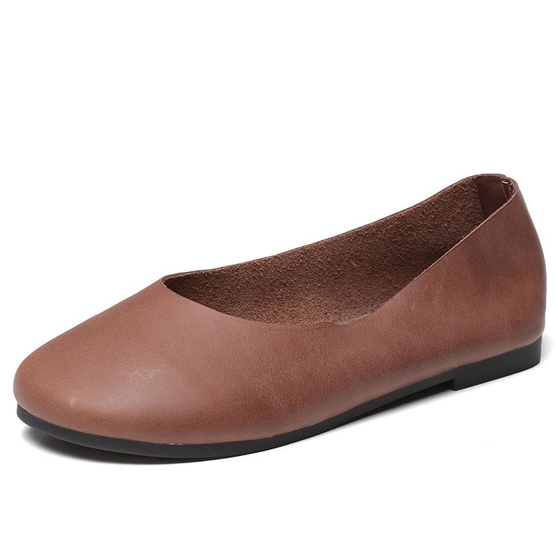 Simple Zen Literary Handgemachte Lederschuhe mit weicher Unterseite für Omas Damen mit flacher Unterseite und flachem Mund, Mutterschuhe für vier Jahreszeiten, Einzelschuhe