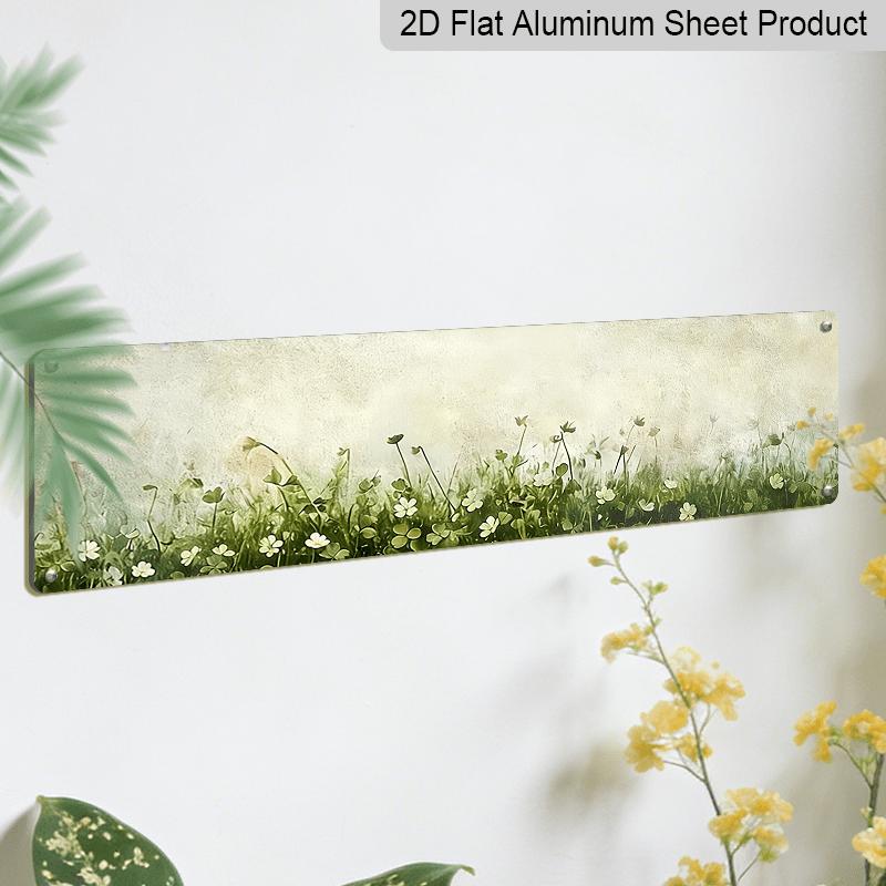 2D Flat, 1pc, Rustic, White Flowers and Green Clover Field on Textured Background, Aluminium Decorative Sign, Meadow Nature Landscape, Wall Art