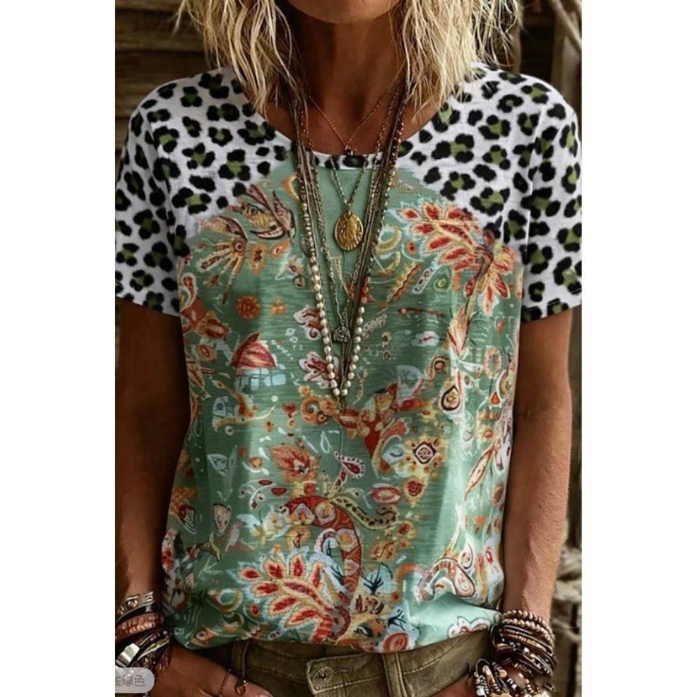 Mode Damen Retro Kreativ Leopardenmuster Nähmuster T-Shirt Lustig Lässig Rundhals Kurzarm T-Shirt Sommer Damen T-Shirt