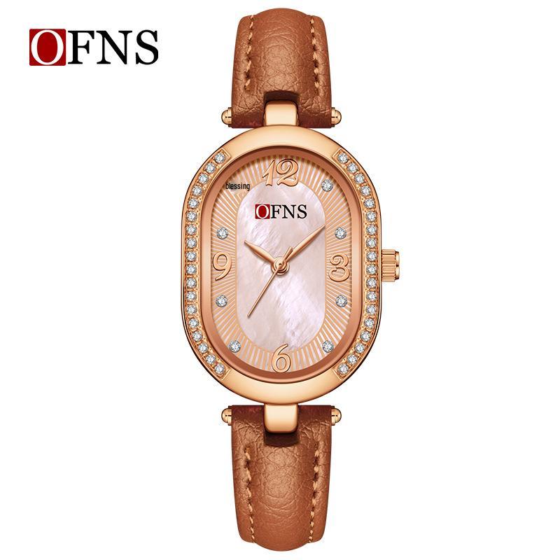 Oufanni Women's Vintage-Style Diamond-Inlaid Oval Mother-of-Pearl Watch - Waterproof Quartz with Light Luxury Appeal