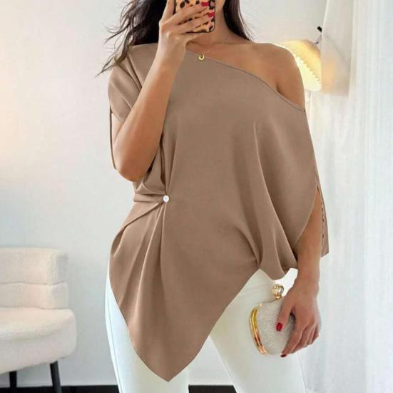 Women T-shirt Skew Collar Batwing Short Sleeve Waist Tight Design Tee Shirt Pure Color Loose Fit Soft Stretchy