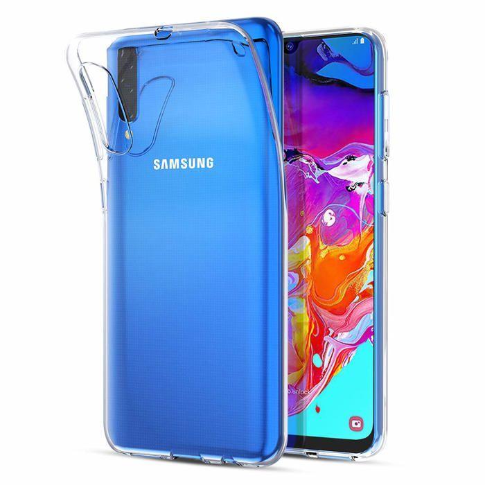Case and Neck Strap for Samsung Galaxy A70 - Transparent Soft TPU Adjustable Black Cord Phonillico®