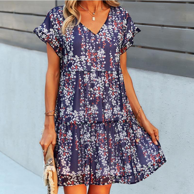 

YYFS женская мода лето весна цветочный узор принт короткий рукав v-образный вырез свободная талия повседневные платья XXL тёмно-синий