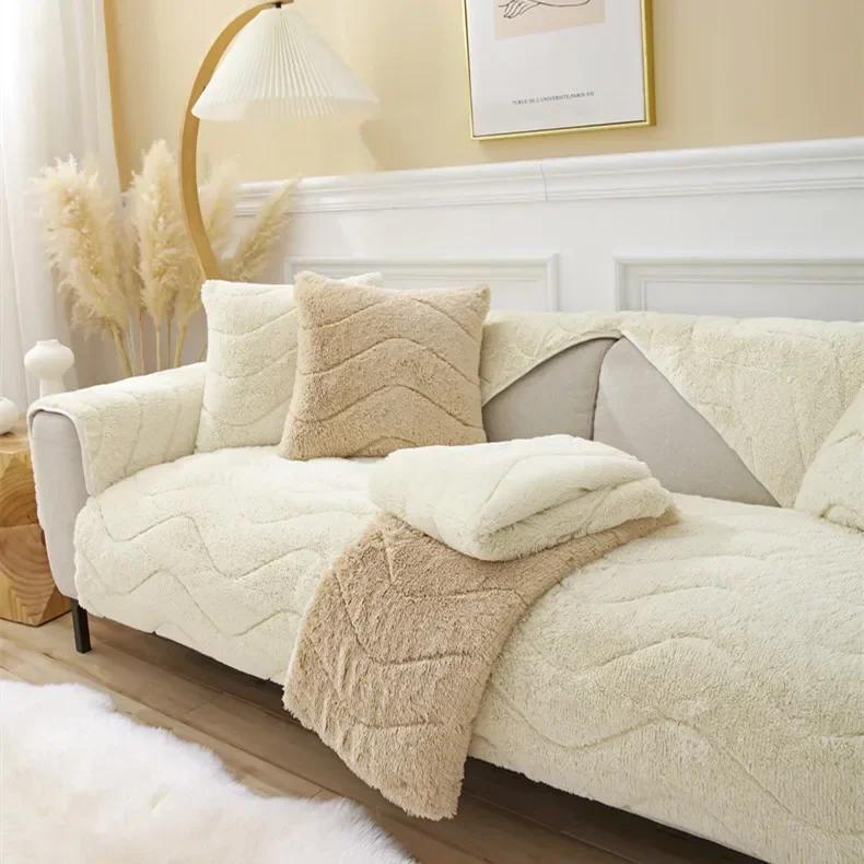 Nordic Plush Sofa Cushion Solid Color Sofa Cover Quilting Thicken Warm Sofa Towel Anti Slip Armrest Backrest Pillow Living Room