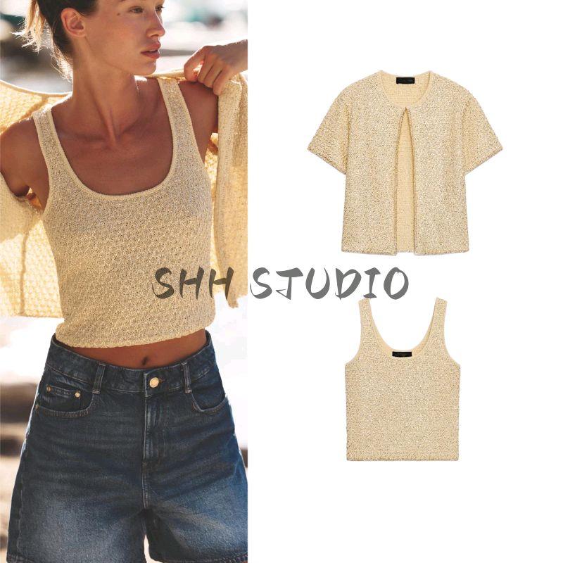 Round Neck Short Sleeve Sequin Knitting Outwear 9598192 Sequin Round Neck Wide Shoulder Strap Knitting Tops 9598194