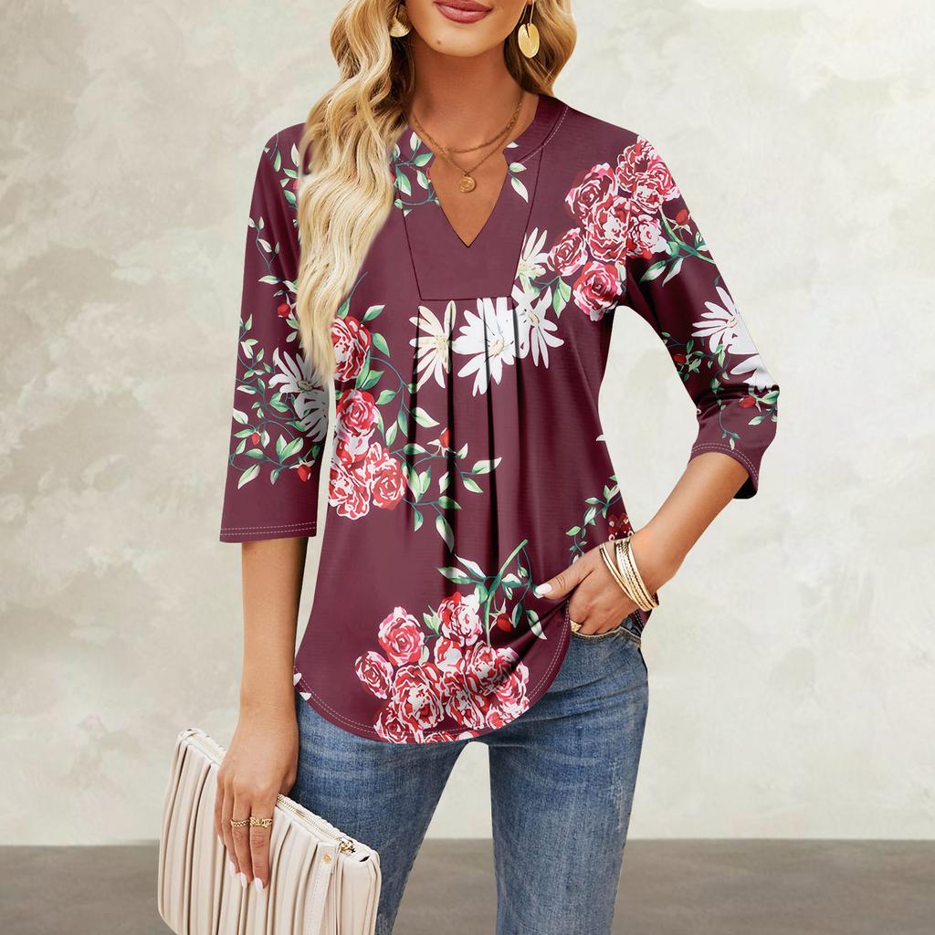 Damen-Oberteile mit Siebenviertel-Ärmeln, lässig, V-Ausschnitt, Rüschen auf der Brust, Druck, lockere T-Shirt-Oberteile