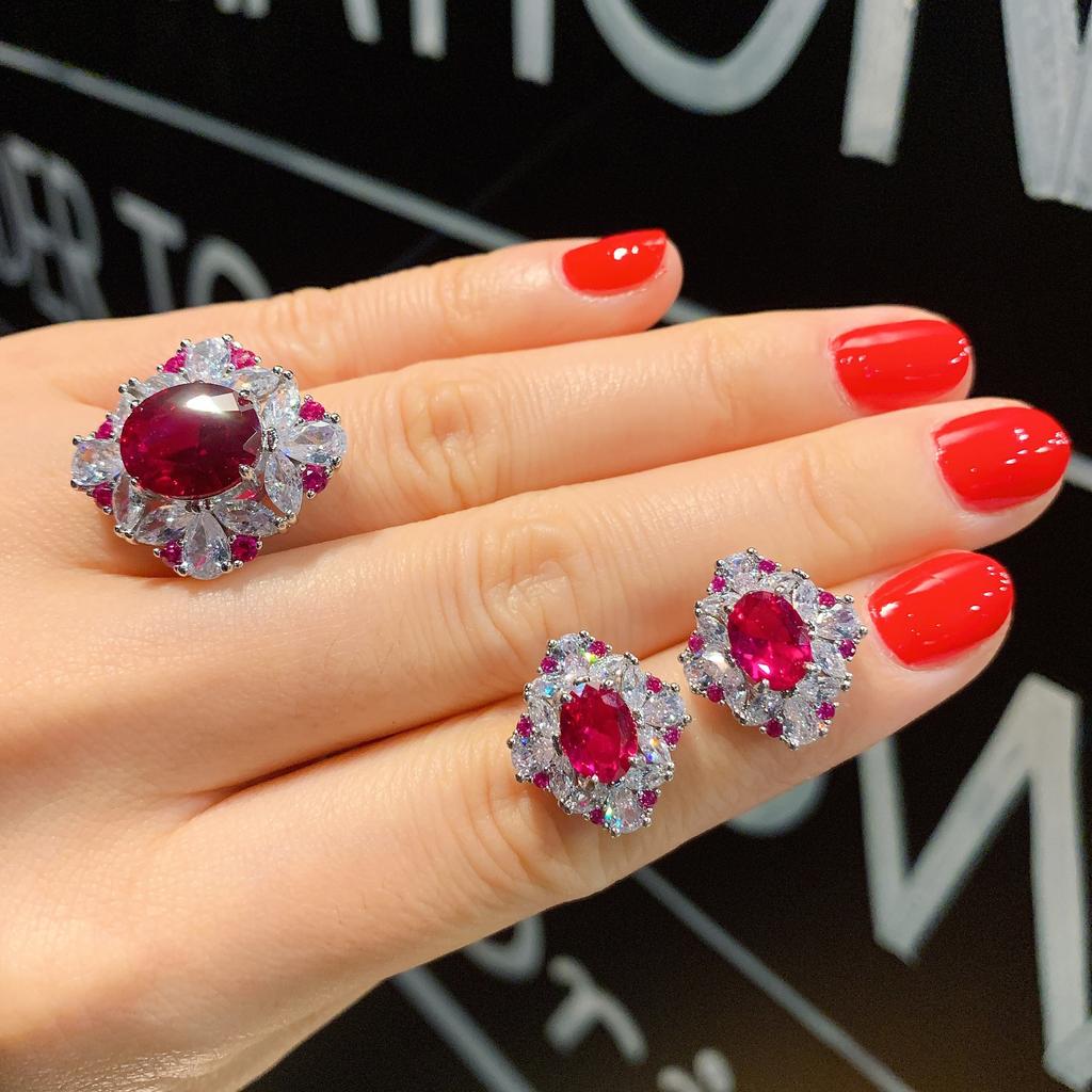 Jewelry Popular Simulation Red Glass Denier Pendant Ring 10 * 12 Stud Earrings 6 * 8 Set