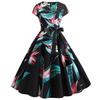 Source Summer Retro Women's Clothing Round Neck Cover Sleeve Printed Pendulum Dress Black Ribbon Waist