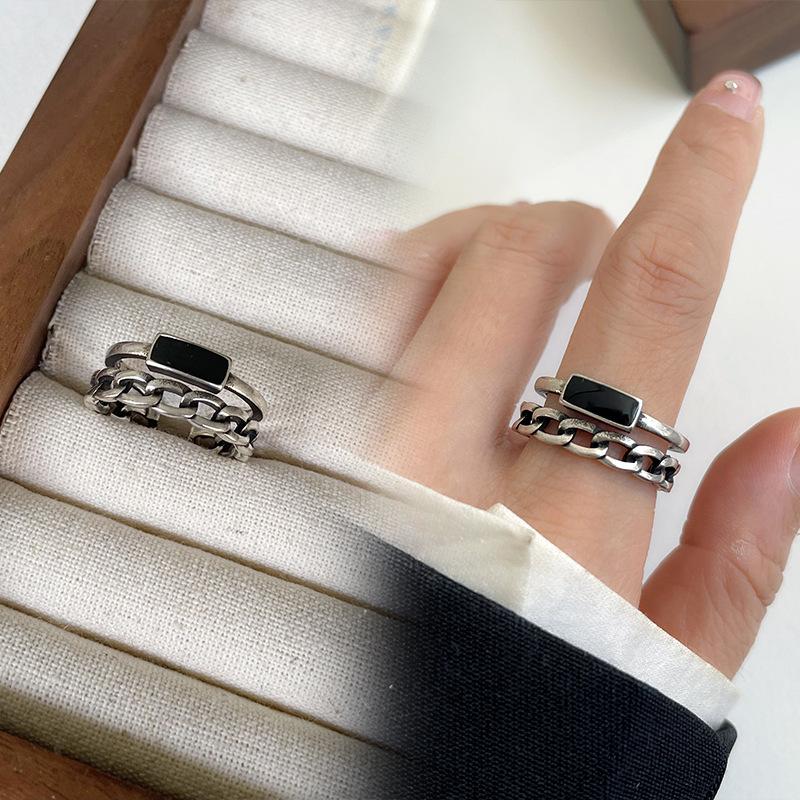 Black Drip Glaze Retro Thai Silver Jewelry Women's Non-fading High-end Open Ring