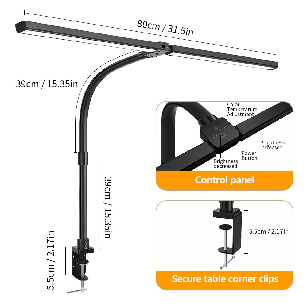 24W Ultra Bright Double Head LED Desk Lamp Eye-Caring Reading Light with Remote Control 5 Color Temperature Settings 10 Level