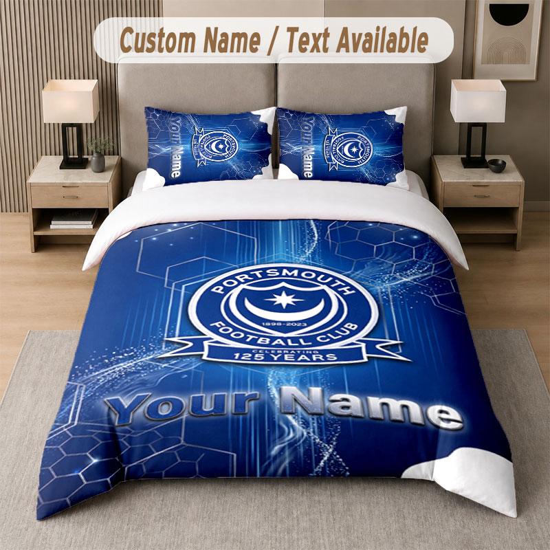 Custom Bedding Set Portsmouth FC Pattern, Print Name Text 1 Duvet Cover Plus 2 Pillowcases Home Textile