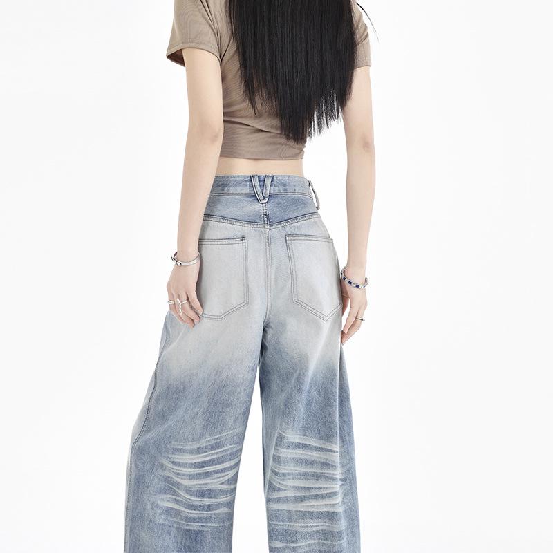 Women's Light Blue High-Waisted Ripped Straight-Leg Jeans - Street Style, Autumn/Winter, Loose Fit, Slimming Effect.