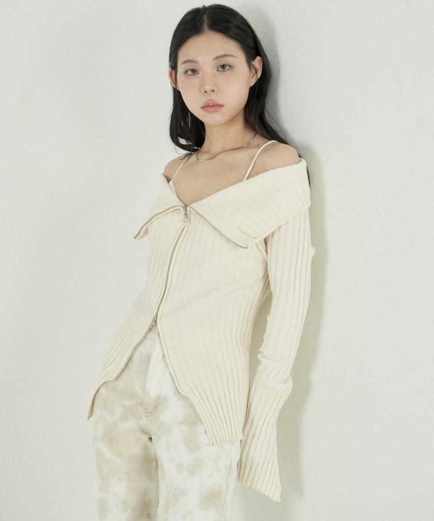 Tobaseu Off-Shoulder Two-Way Zip-Up Rib Knit (Ivory)
