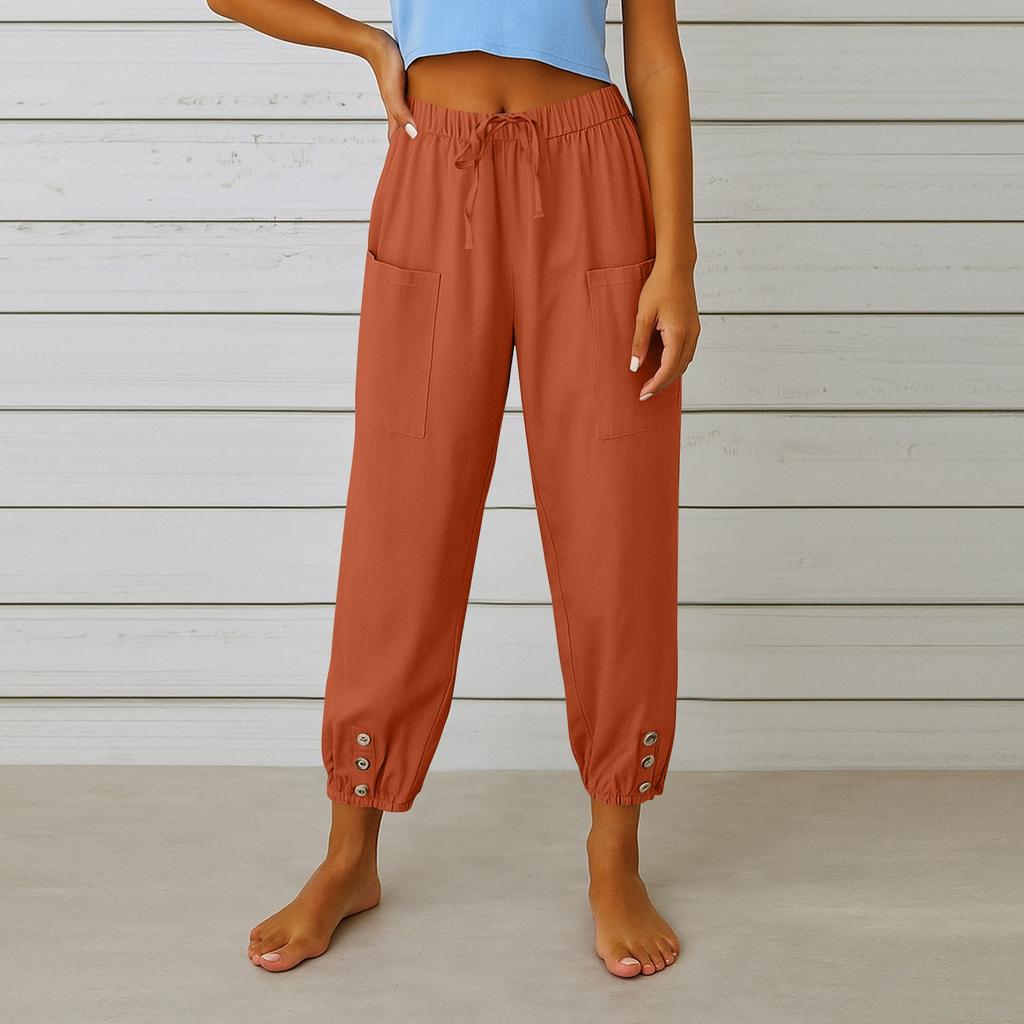 Women's Fashion Solid Color Hemp Cotton Pocket Leg Tight Waist Casual Pants