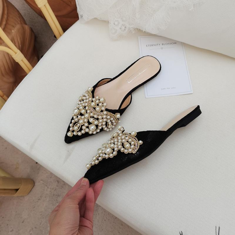 French Romantic Handmade String Gentle Lace Pointed Flat Bottom Slippers Fairy Wind Baotou Slippers