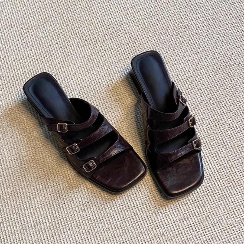 

Fashion Women Slippers Fashion Square Toe Heeled Sandals Summer New Mid Heels Woman Shoes 2025 Casual Flip Flops Slides Mujer Zapatos 35 темно-коричневого