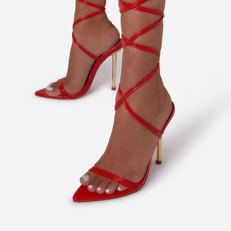 Spring and summer new pointed sexy cross strap fashion sandals electroplating heel large size stiletto high heels women