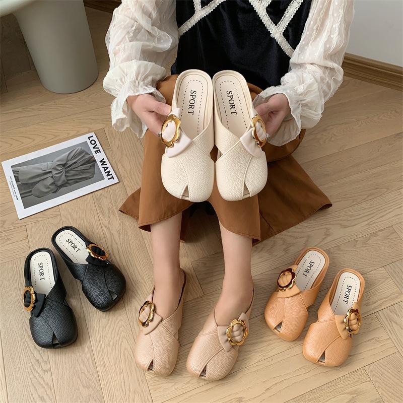 Fashion Women Mules 2025 Summer Elegant Square Closed Toe Flat Slippers Female Shoes Casual Leather Black White Slides Plus Size