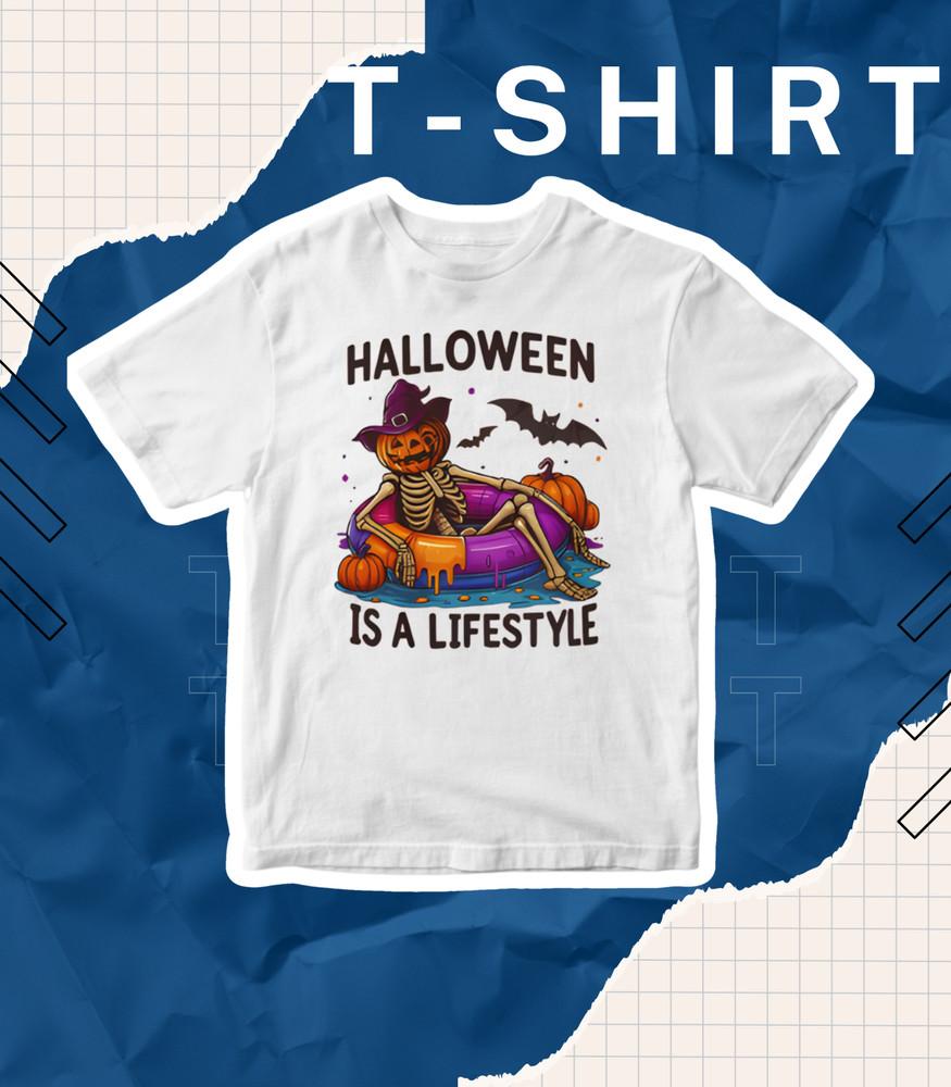 

Halloween Is A Lifestyle Shirt Skeleton Pumpkin Graphic Tee Funny Hallo. M
