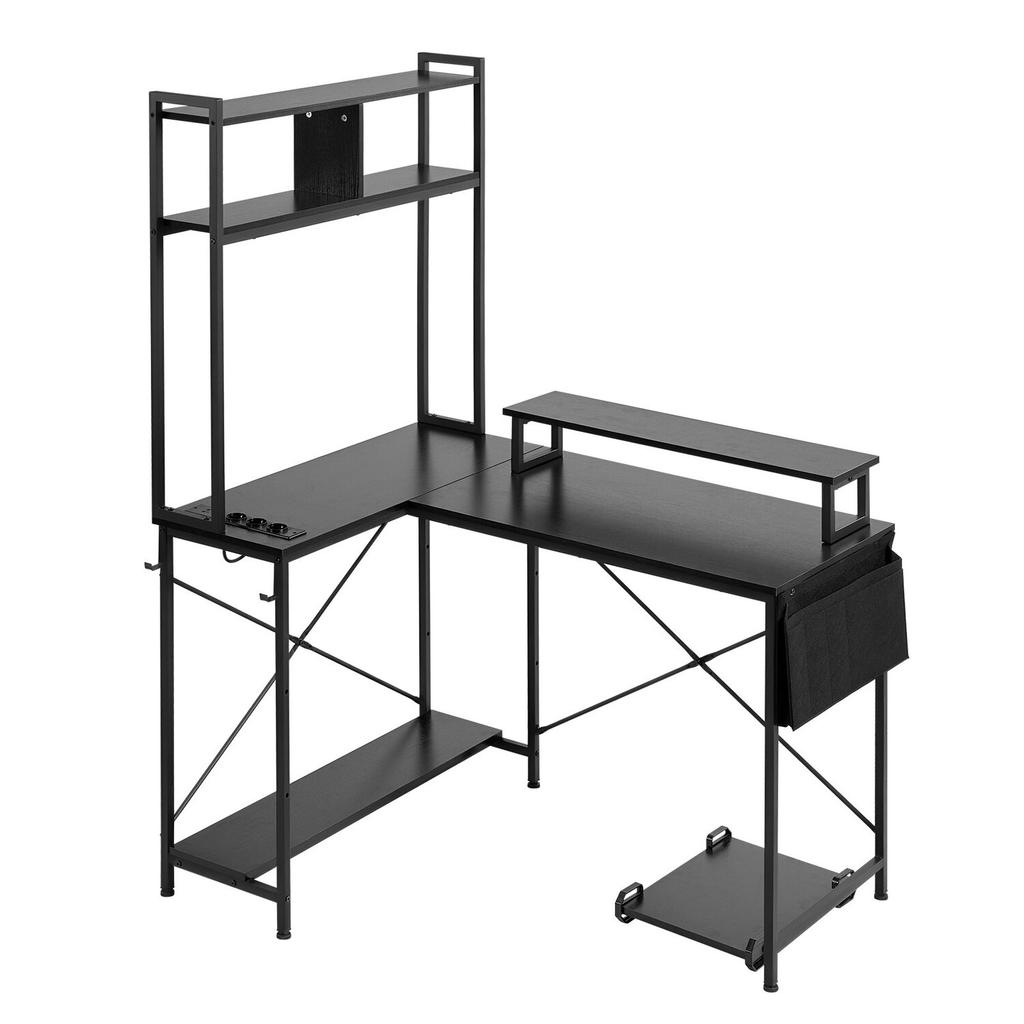 L-Shaped Gaming Desk with LED Lights, 1.2m Reversible Corner Computer Desk with Monitor Stand, Power Outlets, Movable CPU Stand & Shelf, Modern