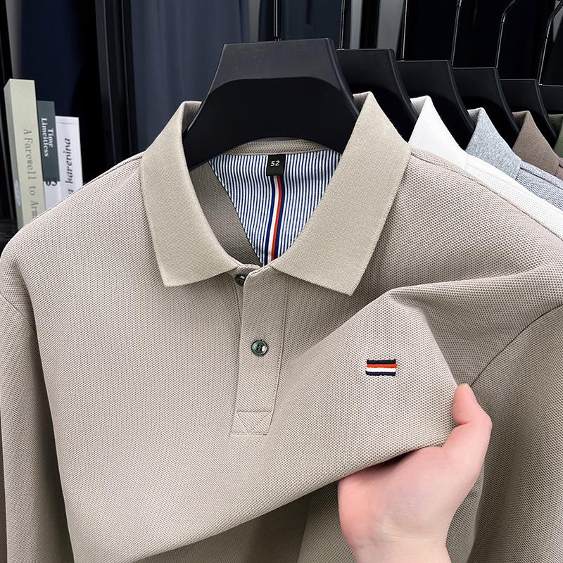 Men's Pure Cotton Embroidered Long-Sleeve Polo Shirt - Business Casual, Solid Color, Versatile for Spring and Autumn