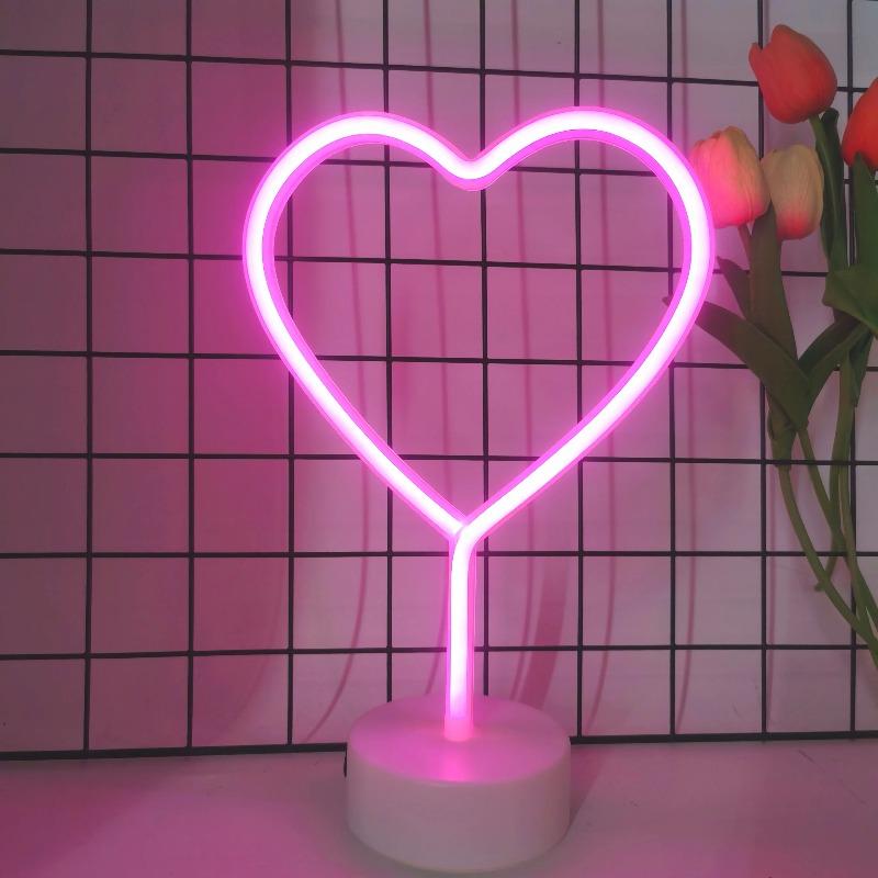 LED Heart-shaped Decorative Light Small Night Light Round Base Neon Light Living Room Bedroom Wedding Proposal Decoration Gift