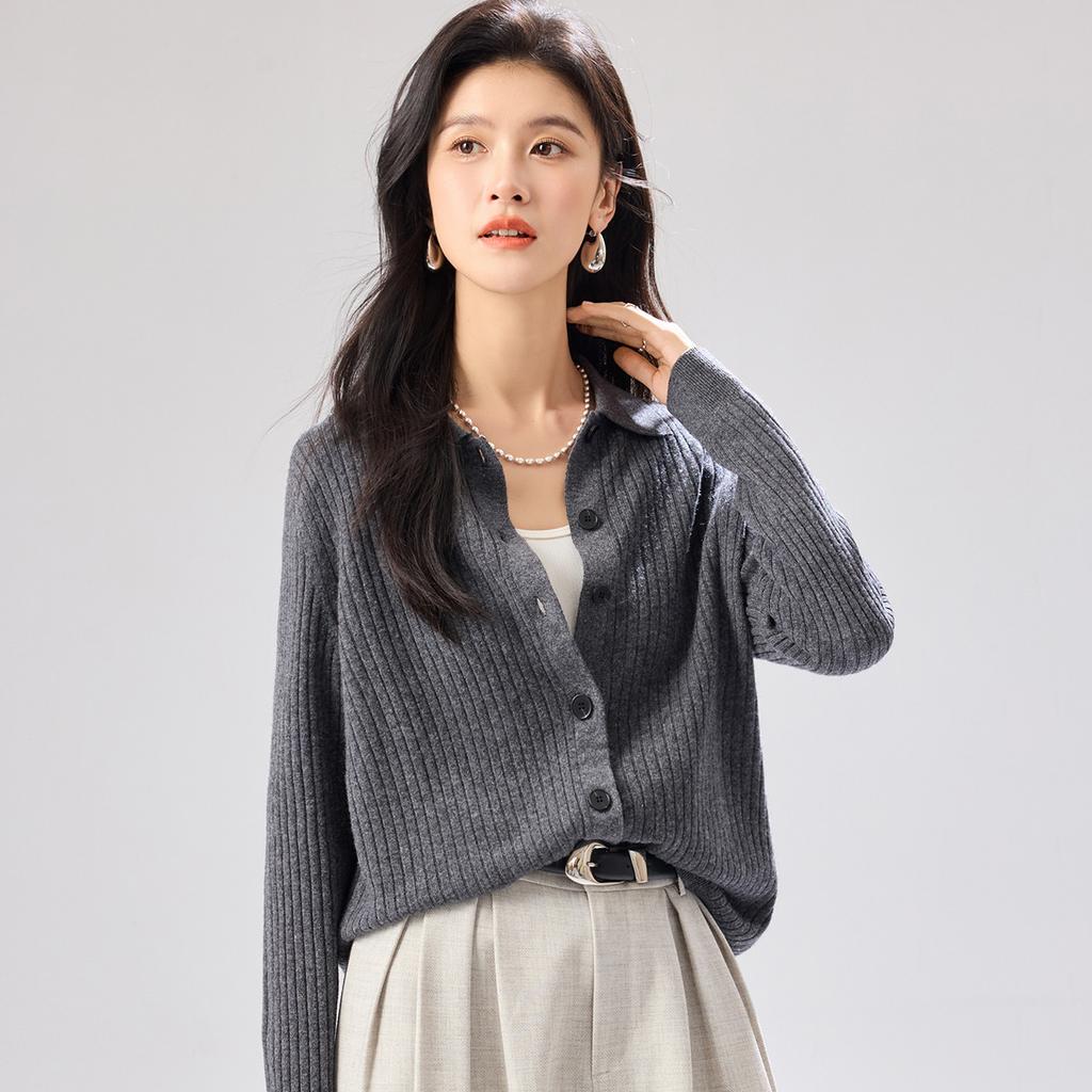 [100% Sheep Wool Top] Autumn and Winter New Polo Cardigan High End Warm Women's Wool Sweater