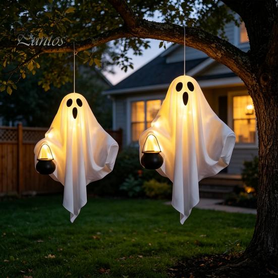 Halloween Tree Hanging Accessories Ghost with LED Lights, Spooky White Gauze Glowing Ornament, Unique Gift Ideas Flexible Figures for Outdoor