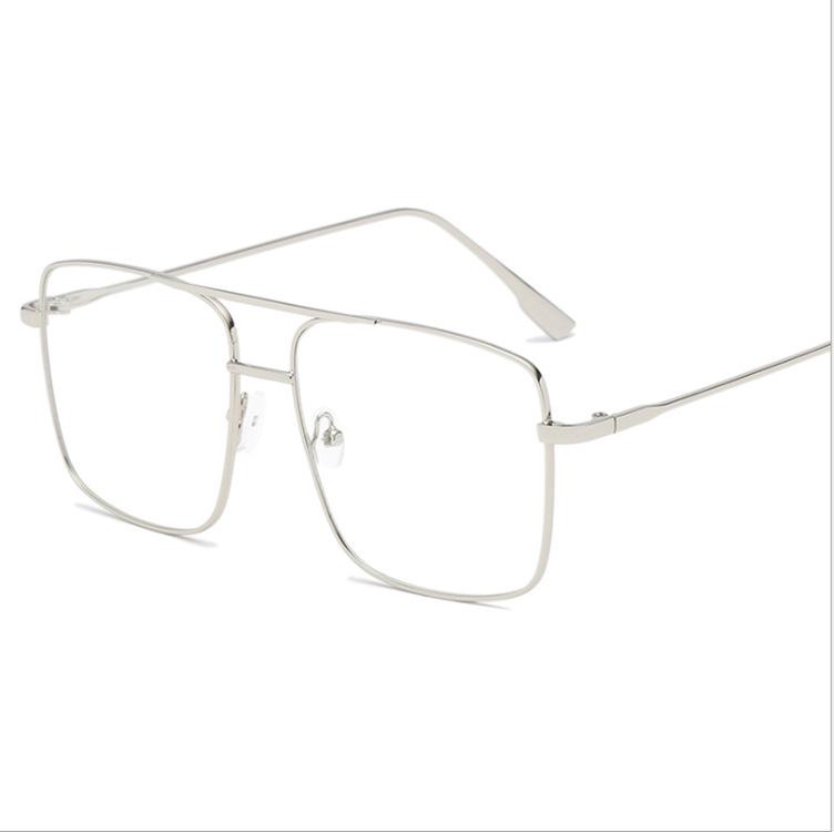 

Double-Bridge Retro Metal Square Eyeglasses with Large Frame and Flat Lens