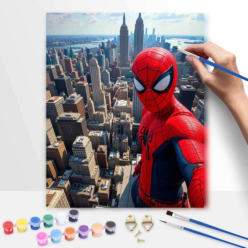 SpiderMan NYC oil paint by numbers painting kit handmade diy home decor gifts for adults, cool skyscraper city wall art wall decor