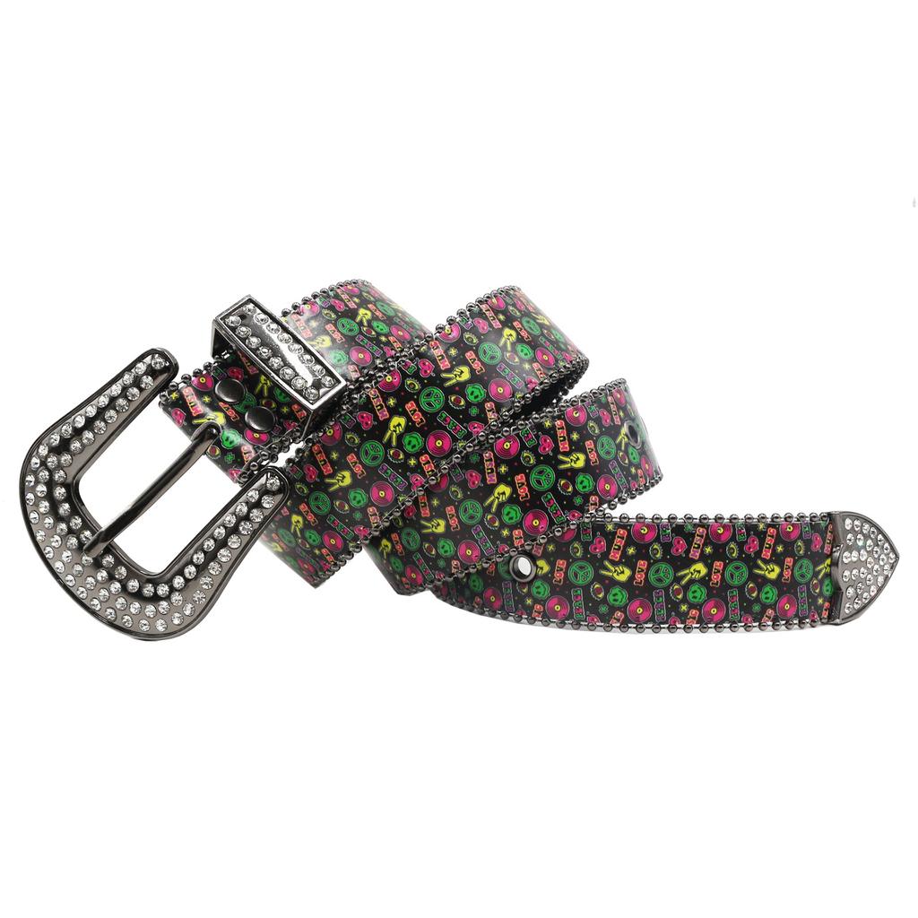 Rhinestone Belt Printed Fluorescent Hand-painted Graffiti Disco Fashion Hip Hop Korean Style Trendy Personalized Women's Belt