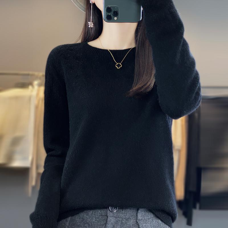 Women's Round Neck Sweater, Qinghe Cashmere, 30% Cashmere 70% Wool, Hollow Winter Knitted Pullover Autumn Sweater Cashmere Sweater