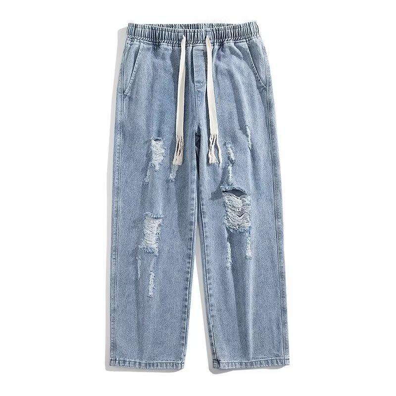 JYL Мужские рваные джинсы Летние Эластичная талия Шнурок Свободные Джинсовые брюки в пол M янтарь