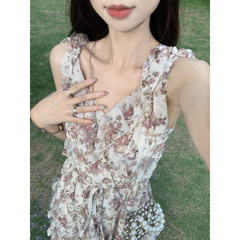 French Floral Ruffled Camisole Dress & Cardigan Set - Women's Slimming Summer Long Dress