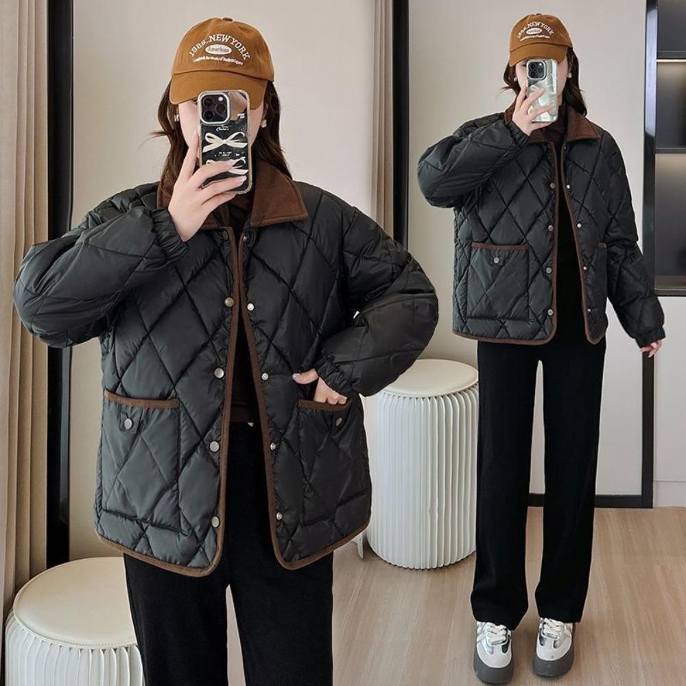 Xiaoxiangfeng rhombus down cotton clothes 2025 new leave-in foreign style loose contrasting color versatile short autumn and winter coat
